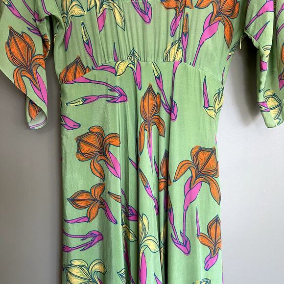 Anthropologie‎ Raina Kimono Dress Size 4 Midi Green Pink Floral Flowy Chic - Picture 7 of 16